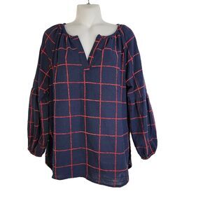 She and Sky Women Blouse Tunic Size Small V Neck Blue Red Windowpane Long Sleeve